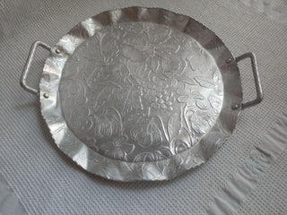 Hand Hammered Aluminum 10" Round Serving Tray with handles Fruit Flowers