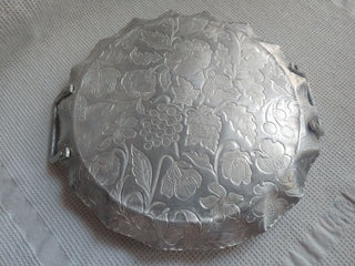Hand Hammered Aluminum 10" Round Serving Tray with handles Fruit Flowers