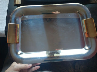 INOX BECK 18-10 STAINLESS STEEL ART DECO TRAY WITH GOLD HANDLES MADE IN ITALY