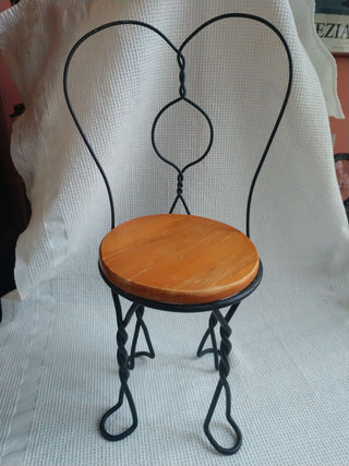 Vintage Wrought Iron & Wood Ice Cream Parlor Table Chair-Doll Size-Toy 14" x 5"
