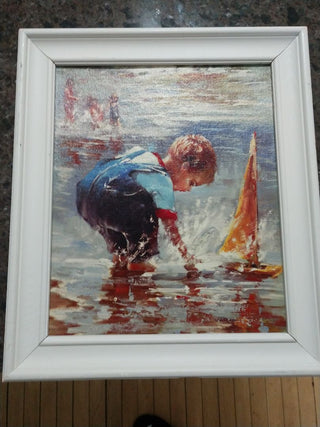 Print Boy at Beach Sailboat