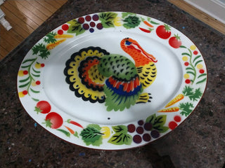 Vtg Enamel Ware Turkey Platter Metal Vibrant Oblong Serving Dish