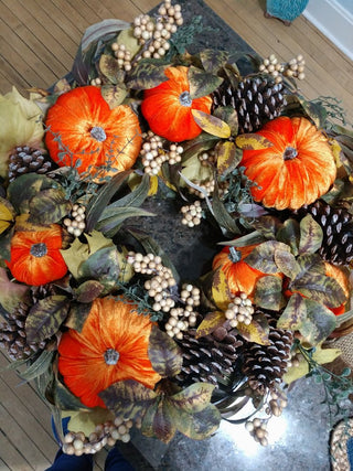 24"Wide x 6" Deep Fall Wreath for Front Door, Pumpkin Wreath