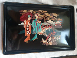 Hand Painted Asian Tray Black 18"x12"