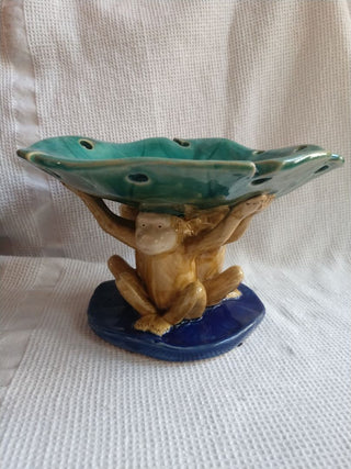 Vintage Whimsical Three Monkeys Holding Lily Pad Bowl Majolica Centerpiece