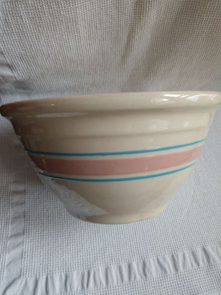 Vntg McCoy Pottery 10 Bread Bowl Mixing Bowl Stone Craft Pink Blue Stripe 10”