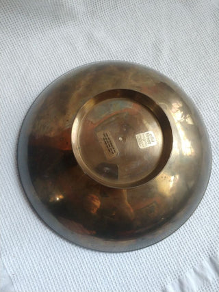 VINTAGE BRASS & ENAMEL BOWL Peacock & Flowers Made in India - Colorful 9.5"