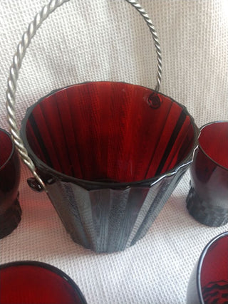 Vntg MCM Ruby Red Glass Ice Bucket with Metal handle & 4 Glasses Anchor Hocking