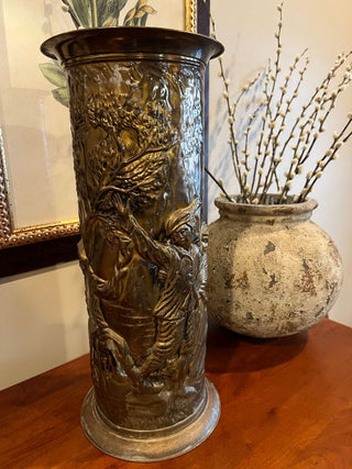 Vintage English Brass Embossed Umbrella Stand