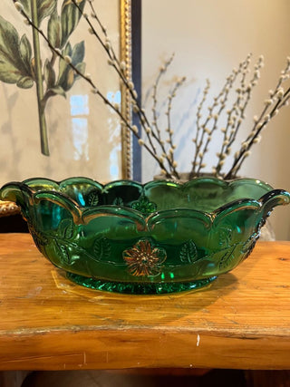 Early American Pressed Glass - Emerald Green Glass Bowl with Gold Accents