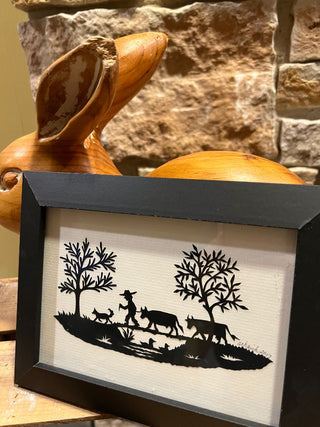 Framed Scherenschnitte (Paper Cutting) Artwork Featuring Farm Scene  - Signed by Artist