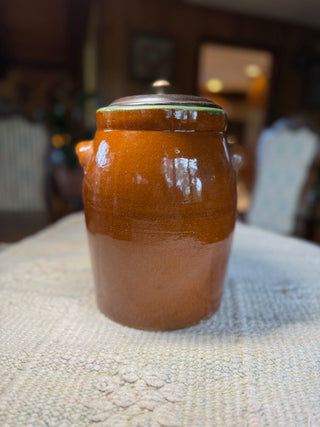 Ceramic Glossy Black Brown Crock w/Lid