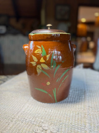 Ceramic Glossy Black Brown Crock w/Lid