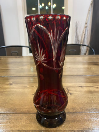 Ruby Red Crystal Etched Vase