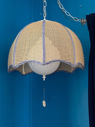 Vintage MCM caned wicker hanging light 18”x16”