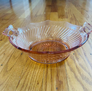 Pink Depression Glass Serving Bowl with Handles 9.5" X 10" X 3"