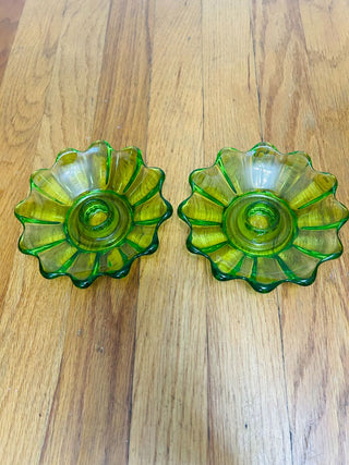 Vintage Fostoria Green Glass Candle Holder (set of 2) 5.4"