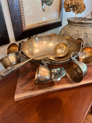 Antique, Brass Punch Bowl Set with Eight Mugs and Ladle