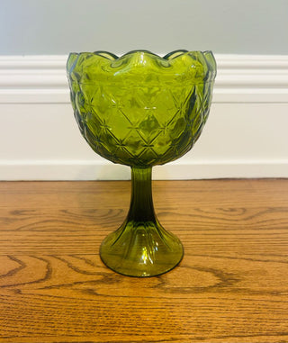 Indiana Glass Avocado Green Pedestal Diamond Compote 9" X 5"
