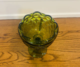 Indiana Glass Avocado Green Pedestal Diamond Compote 9" X 5"