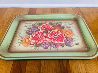 Vintage MCM Metal Tray with Flowers 17.5" X 12.5"