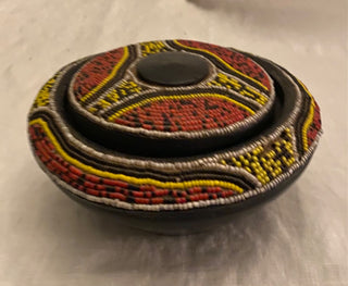 Vintage wooden beaded trinket bowl with lid 6”x3”