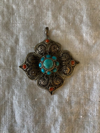 Vintage mandala style turquoise and red stone metal  pendant