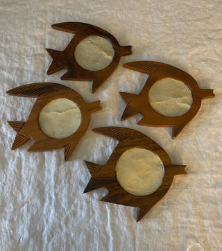 Vintage MCM shell and carved wood fish coasters (set of 4)
