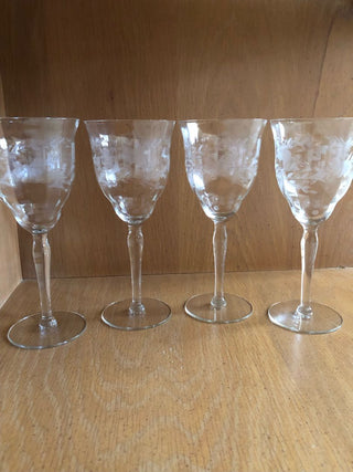 Etched Crystal 1930's-1940's Wine Glasses (Set of 4)