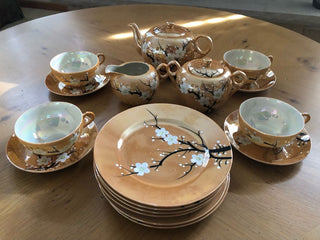 Vintage Japanese Lusterware Tea Set/Plates Cherry Blossom Sakura Peach (Set of 17)