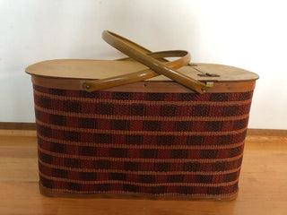 Vintage Plaid Picnic Basket with Metal Handles