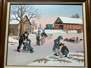 Large-Amish Family Ice Skating on Pond