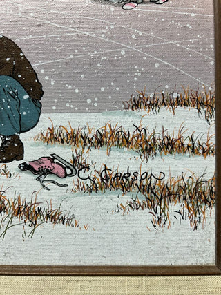 Large-Amish Family Ice Skating on Pond