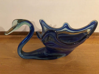 Vintage Hand Blown Blue Swan Bowl Swirled Shades of Blue Art Glass