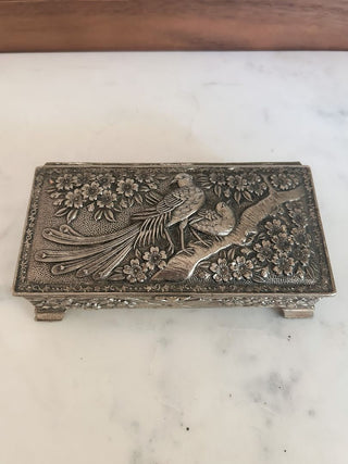 Silver-Plated Trinket Box w/ Embossed Peacock & Floral Designs