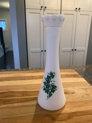 Hazel Atlas Green Ivy Milk Glass Bud Vase