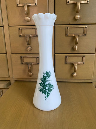 Hazel Atlas Green Ivy Milk Glass Bud Vase