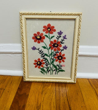 Vintage Flower Cross Stitch Framed Artwork