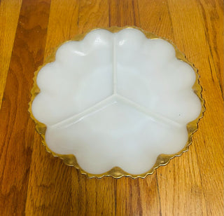 Fire King Milk Glass Divided Tray with Gold Rim