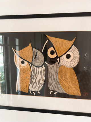 Kaoru Kawano "Three Eyes" Owls Woodblock Print w/ Seal