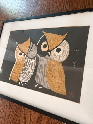 Kaoru Kawano "Three Eyes" Owls Woodblock Print w/ Seal
