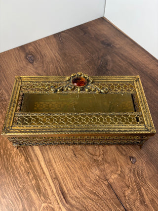 Hollywood Regency Gold Footed Tissue Box With Jewel Embellishment