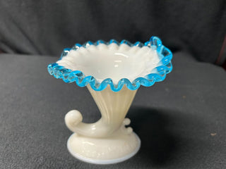 Fenton cornucopia light blue rim