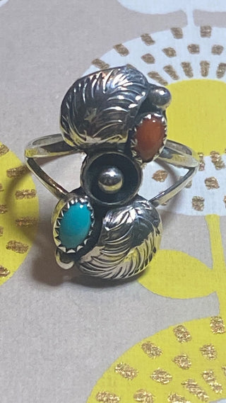 Turq/coral silver ring sz 6.5
