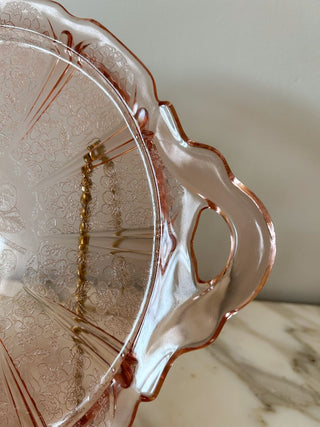Jeannette Glass Cherry Blossom Pink Depression Glass Platter w/ Handles