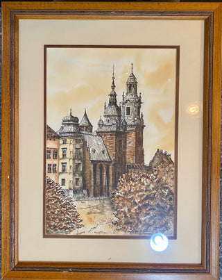 Wawel Cathedral Ink & Watercolor, Signed
