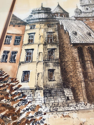Wawel Cathedral Ink & Watercolor, Signed