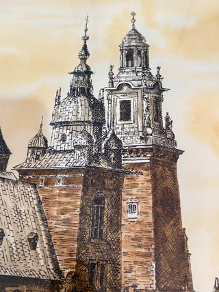 Wawel Cathedral Ink & Watercolor, Signed