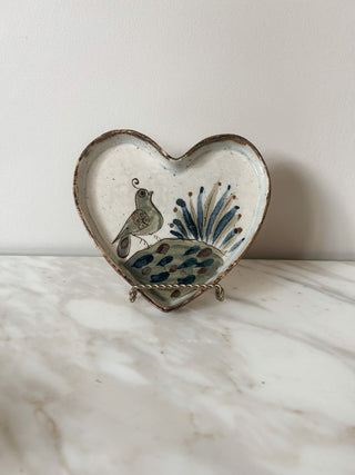 Signed Hand-Painted Tonala Bird on Heart Dish