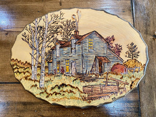 Oval wood carved Cabin Landscape